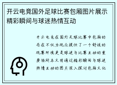 开云电竞国外足球比赛包厢图片展示精彩瞬间与球迷热情互动